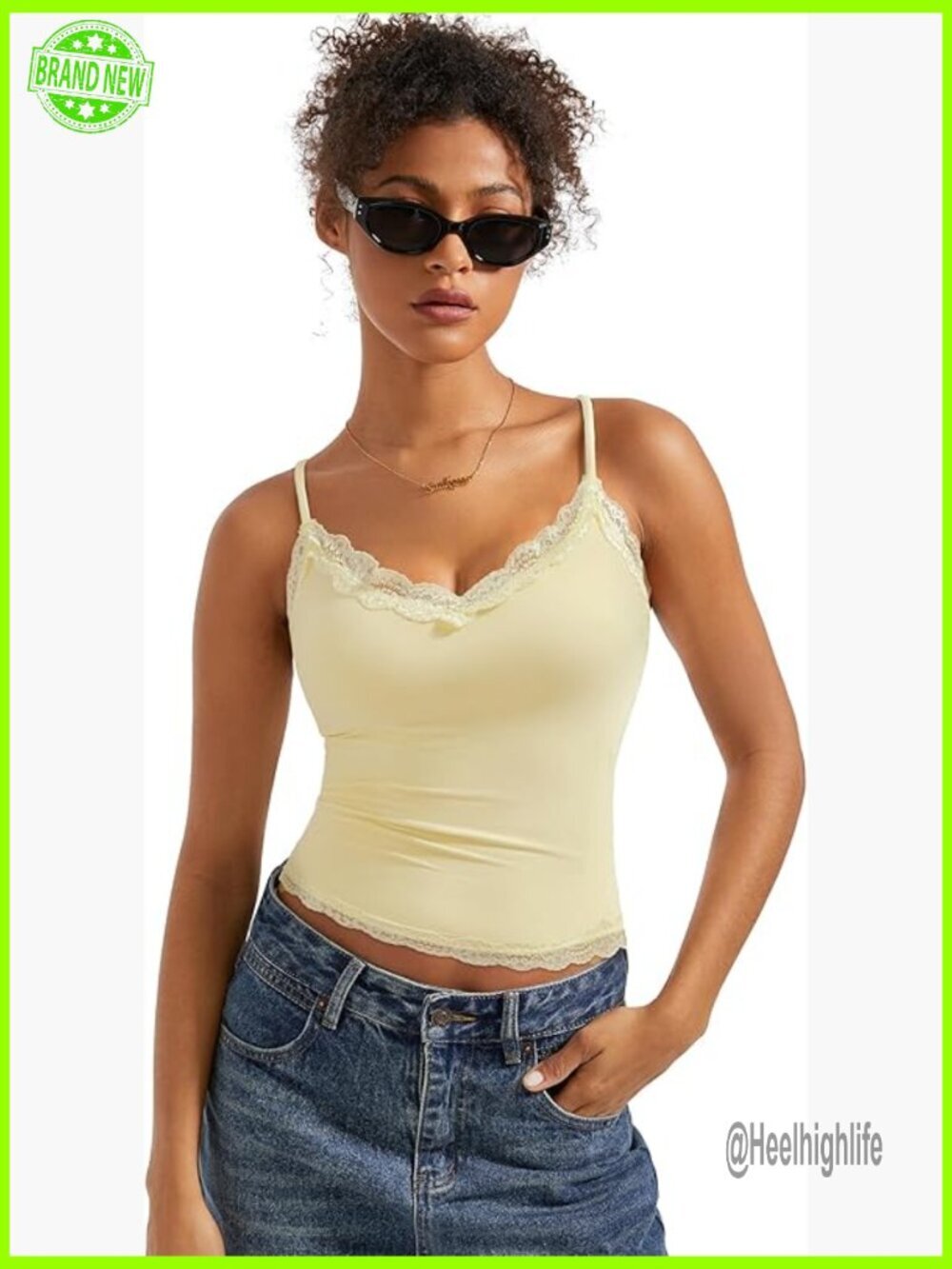 Padded Lace Tank Top with Built-in Bra, V-Neck, Adjustable Straps